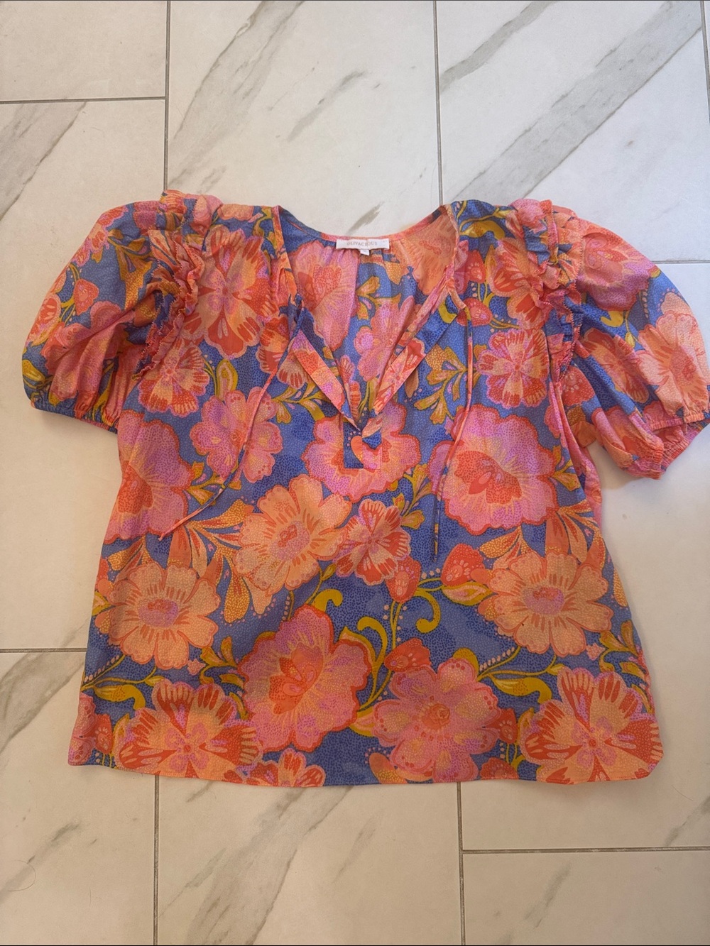 Olivaceous Floral Puff-Sleeve V-Neck Blouse